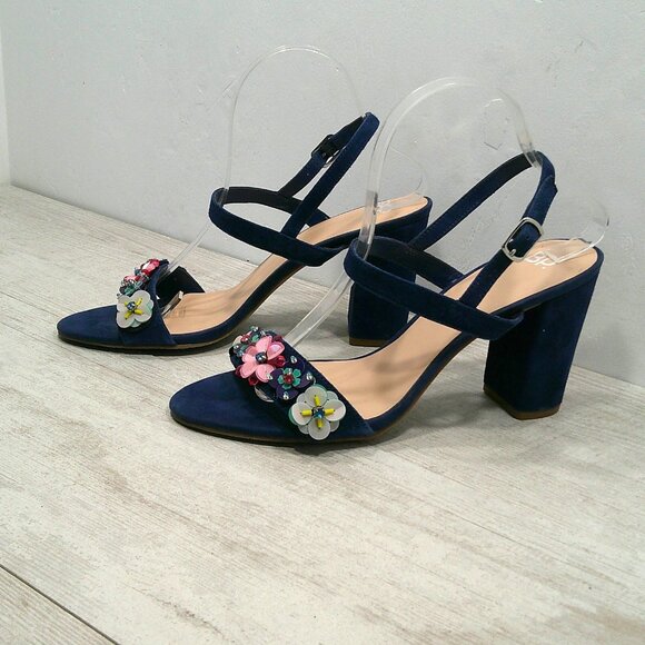 BP Navy Suede High Block Heels with Floral Embellishments Size 10 M - Picture 11 of 15